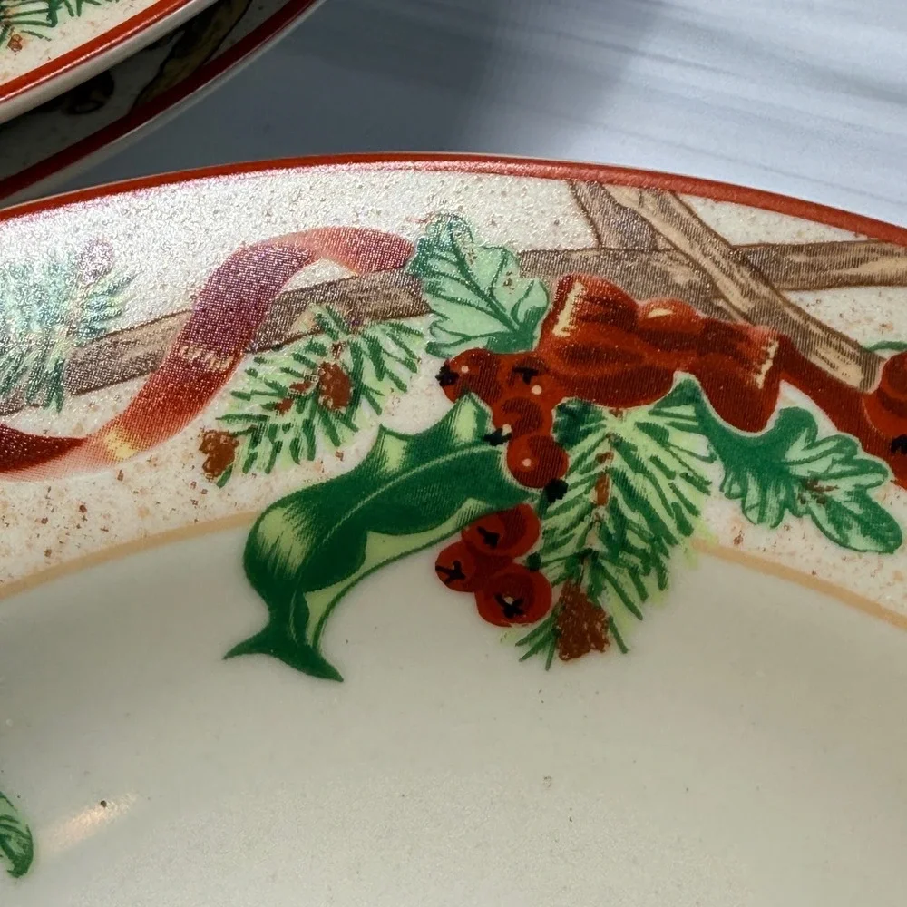 Block Basics Festive Ribbon Soup Bowls Set of 4 Christmas Holly Berry